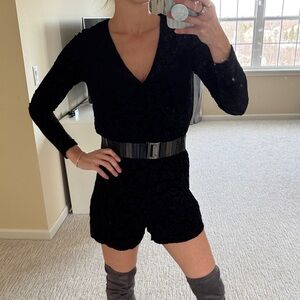Saylor Black Long Sleeve velvet floral Romper with Belt